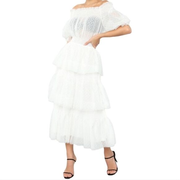 NWOT TULLE LAYERED SHEER POLKA-DOT OFF THE SHOULDER SZ.M - Picture 1 of 7